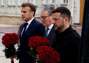 Ukrainian President Volodymyr Zelenskiy, French President Emmanuel Macron and British Prime Minister Keir Starmer visit Kyiv