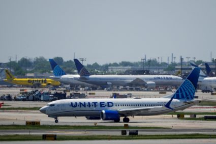 A plane taxis on the tarmac at Newark International Airport in Newark, New Jersey