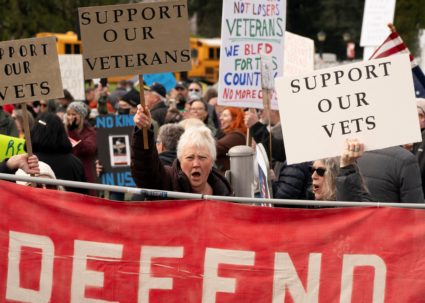 Veterans protest at the Washington state capitol in Olympia
