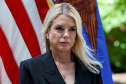 FILE PHOTO: U.S. Attorney General Pam Bondi and FBI Director Kash Patel make an announcement at a press conference in Wash...