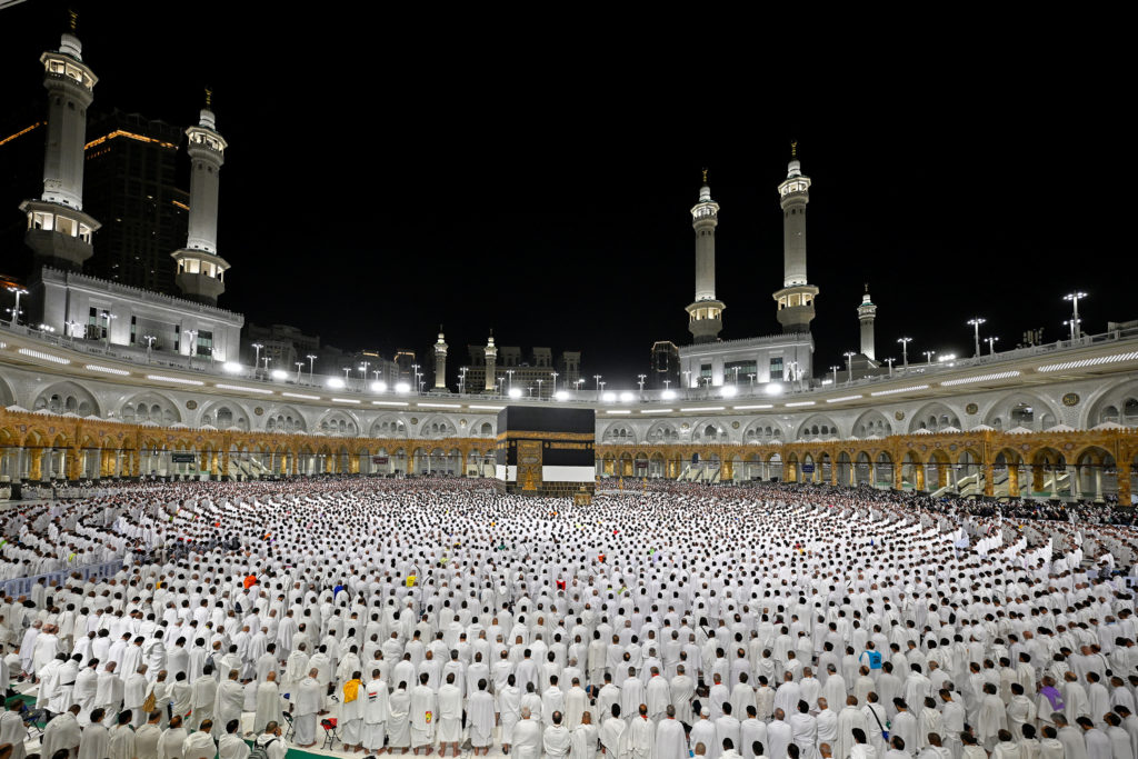 Muslims perform morning prayers in the grand mosque during the annual hajj pilgrimage in the holy city of Mecca