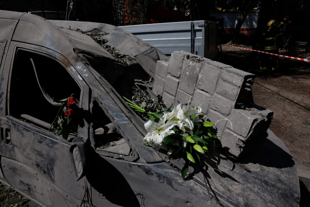 Apartment building damaged during Russian drone and missile strikes, in Kyiv