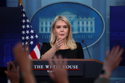 White House Press Secretary Karoline Leavitt holds a press briefing at the White House in Washington
