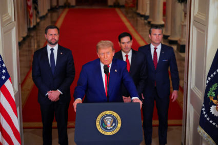 U.S. President Donald Trump delivers an address to the nation at the White House in Washington, following U.S. strikes on ...