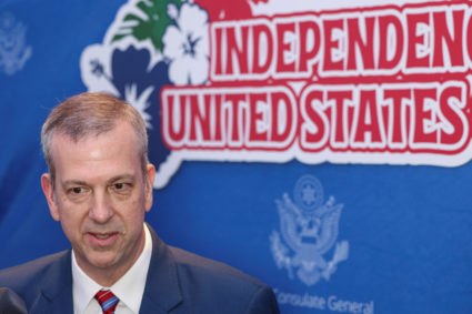 U.S. Consul General Gregory May speaks to the media, in Hong Kong