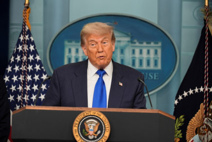 U.S. President Trump speaks to the media at the White House in Washington
