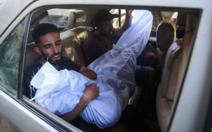 Funeral of Palestinians killed in an Israeli airstrike on Al-Baqa cafeteria, according to Gaza's health ministry, at Al-Sh...