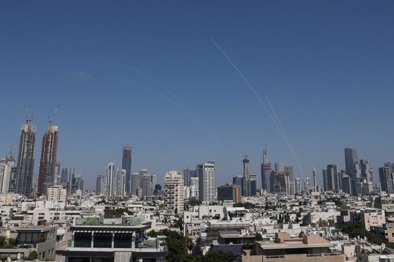 A missile launched from Iran is intercepted, as seen from Tel Aviv