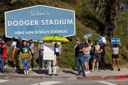 Protest against ICE trying to stage at Dodger Stadium in Los Angeles