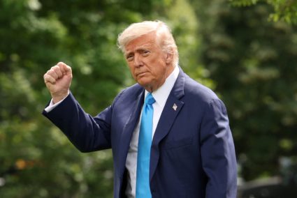 U.S. President Donald Trump departs the White House in Washington