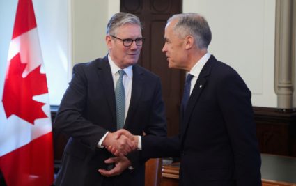 Canada's Prime Minister Mark Carney and Britain's Prime Minister Kier Starmer meet on Parliament Hill in Ottawa