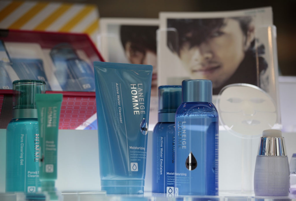 Men's skin care products are on displayed at South Korea's Laneige cosmetics store in Hong Kong
