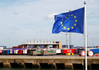 An EU flag flutters at the port of Zeebrugge