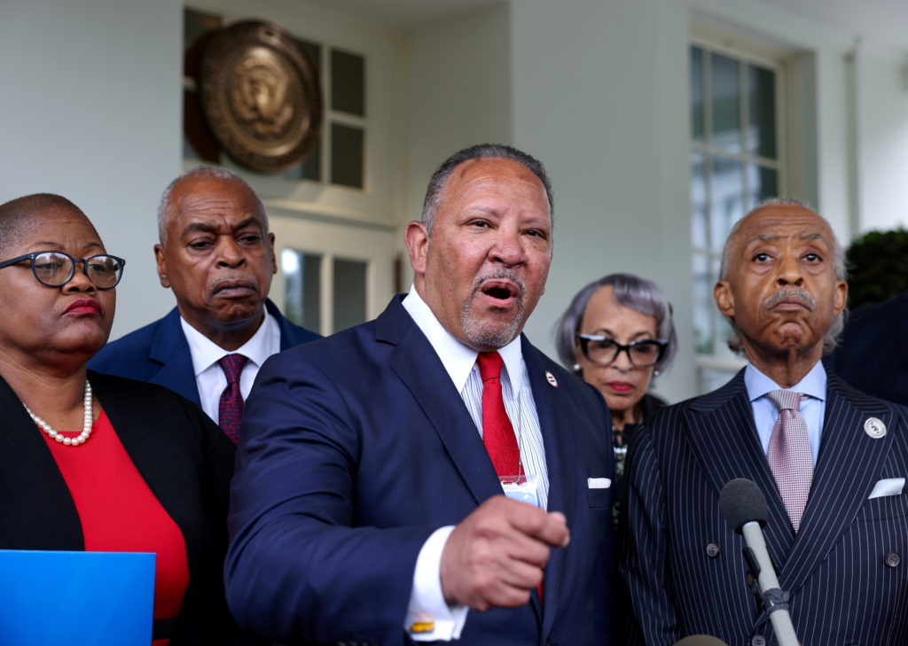 Leadership of civil rights organizations leave the White House following a meeting about voting rights with the President ...