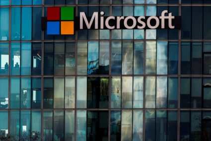 FILE PHOTO: A Microsoft logo is seen in Issy-les-Moulineaux near Paris