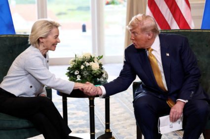 FILE PHOTO: EC President von der Leyen is pictured with US President Trump in Scotland