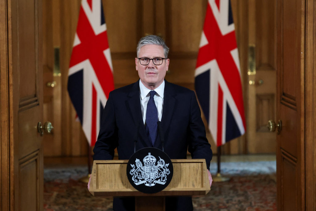 Britain's PM Starmer delivers statement inside No. 10 Downing Street, in London