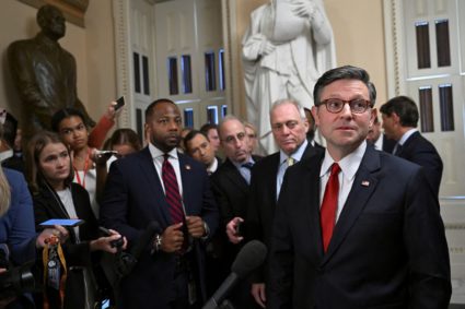 Speaker of the House Mike Johnson addresses the press, in Washington
