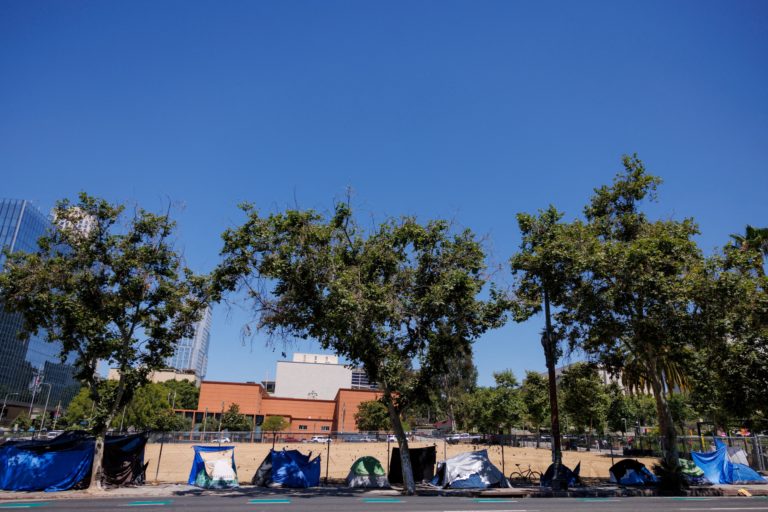 Tents along a sidewalk in Los Angeles