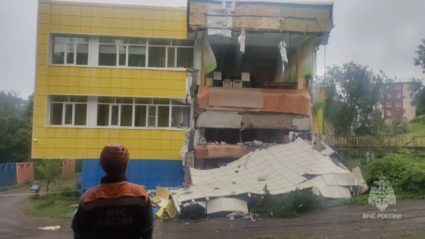 A screen grab from a video shows rescuers of the Ministry of Emergency Situations of Russia inspecting a damaged building after magnitude 8.8 earthquake hits Kamchatka Peninsula on July 30, 2025 in, Russia. (Photo by Emergency Situations of Russia / Handout/Anadolu via Getty Images)
