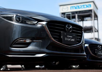 Mazda Motor brand cars are displayed at a car dealership in Hiroshima