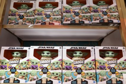 The Star Wars Galactic Snackin Grogu toys, by Hasbro, Inc. are seen on display in the FAO Schwarz toy store in Manhattan, ...