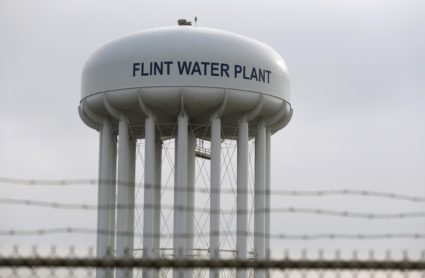 File photo of the top of the Flint Water Plant tower is seen in Flint, Michigan