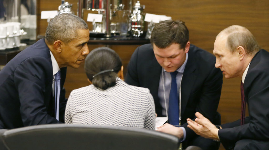 U.S. President Obama talks with Russian President Putin prior to opening session of G20 in Antalya