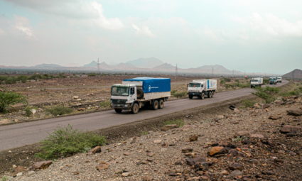 WFP trucks carry aid to Darfur and other famine-stricken parts through the Adre Border crossing