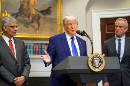 U.S. President Trump and U.S. Health and Human Services (HHS) Secretary Kennedy attend a press conference, in Washington