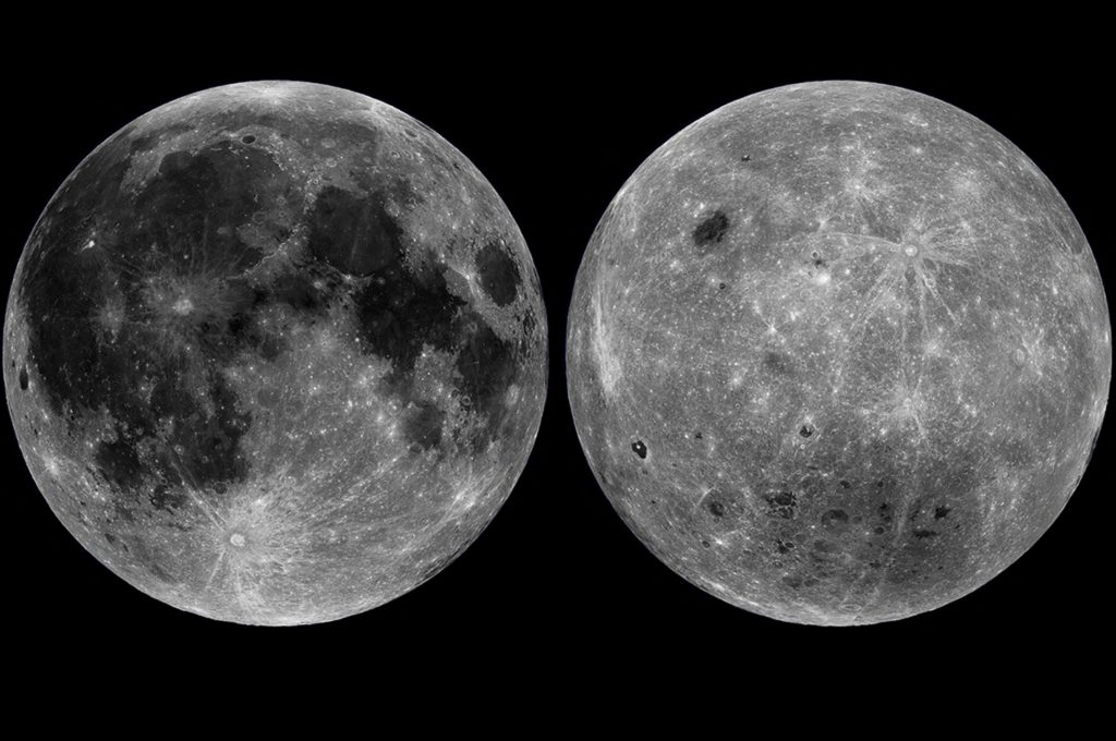 The moon's near side and far side are seen in a combination of undated images from observations made by NASA’s Lunar Recon...