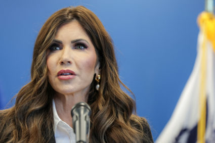 Homeland Security Secretary Kristi Noem speaks during a press conference after a CBP officer was shot by a criminal illega...