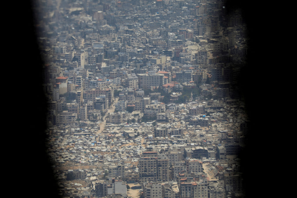 The Gaza Strip is seen from a French military aircraft before humanitarian aid is airdropped over it