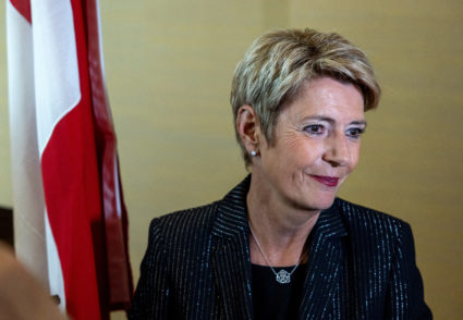 FILE PHOTO: Swiss President Keller-Sutter talks to the media after a news conference in Geneva