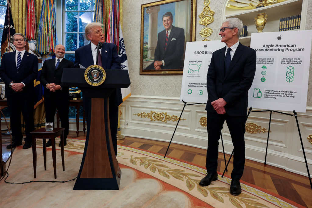U.S. President Trump and Apple CEO Cook announce Apple's $100 billion investment in U.S. manufacturing, at the White House