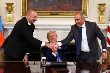 U.S. President Trump participates in a trilateral signing with Armenia's PM Pashinyan and Azerbaijan's President Aliyev, i...