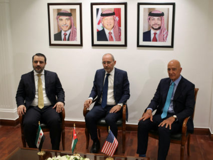 Syrian Foreign Minister al-Shibani, U.S. Ambassador to Turkey and U.S. special envoy for Syria Barrack and Jordanian Forei...