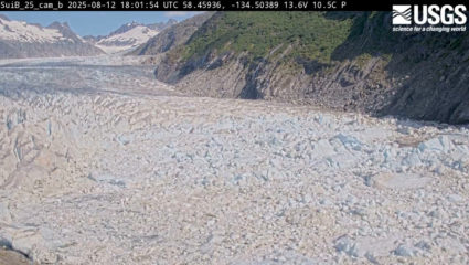 A view shows the Suicide Basin on August 12, 2025, during the glacial lake outburst flooding from the Mendenhall Glacier b...