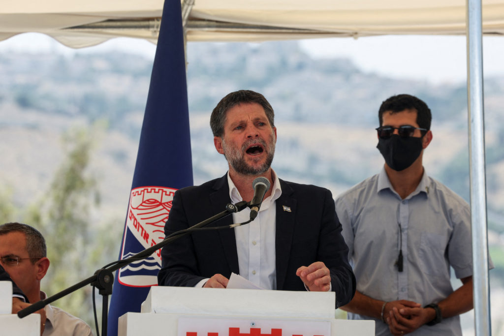 Israeli Finance Minister Smotrich speaks at a press conference regarding settlements expansion, near the Israeli settlemen...
