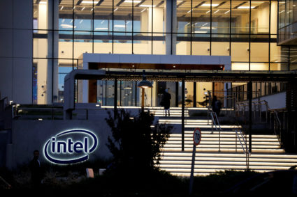 FILE PHOTO: FILE PHOTO: U.S. chipmaker Intel Corp's logo is seen at the entrance to their "smart building" in Petah Tikva,...