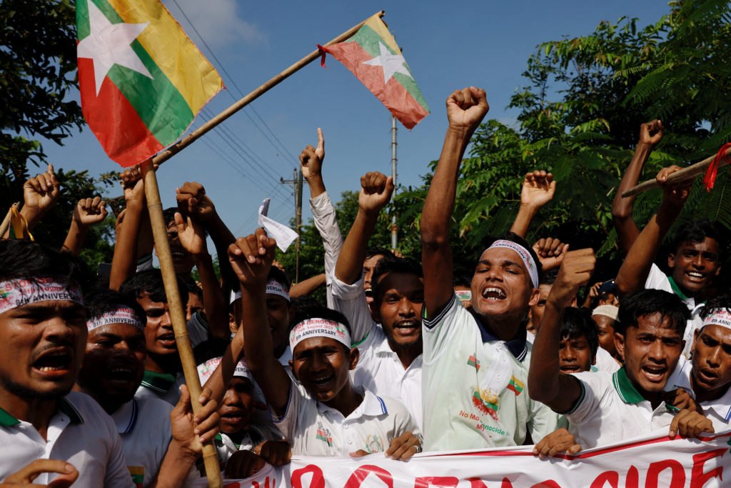 Rohingya refugees take part in a rally to mark the eight-year anniversary of their exodus, in Cox's Bazar