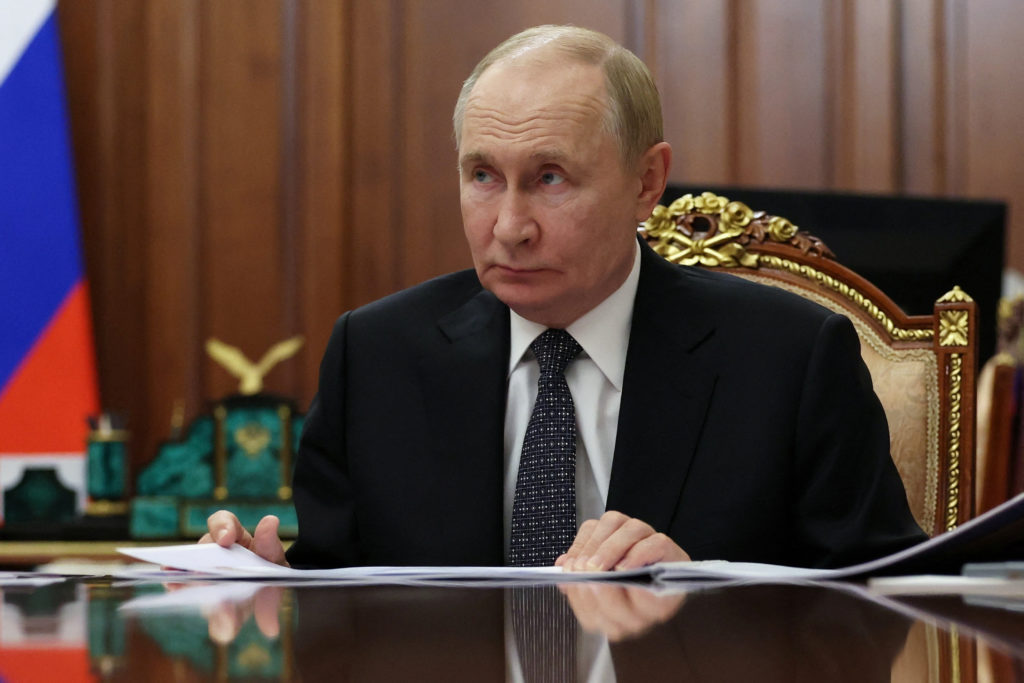 Russian President Vladimir Putin attends a meeting with Vladimir Saldo, Moscow-installed leader of the Russian-controlled ...
