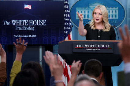 White House Press Secretary Leavitt addresses reporters during a press briefing at the White House