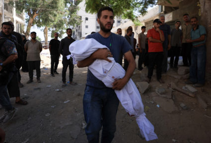 Funeral of Palestinians killed in an overnight strike on a tent, according to medics, at Al-Shifa Hospital in Gaza City