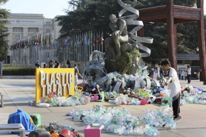 This sculpture at the UN is covered in more trash each day as nations work toward ending plastic pollution