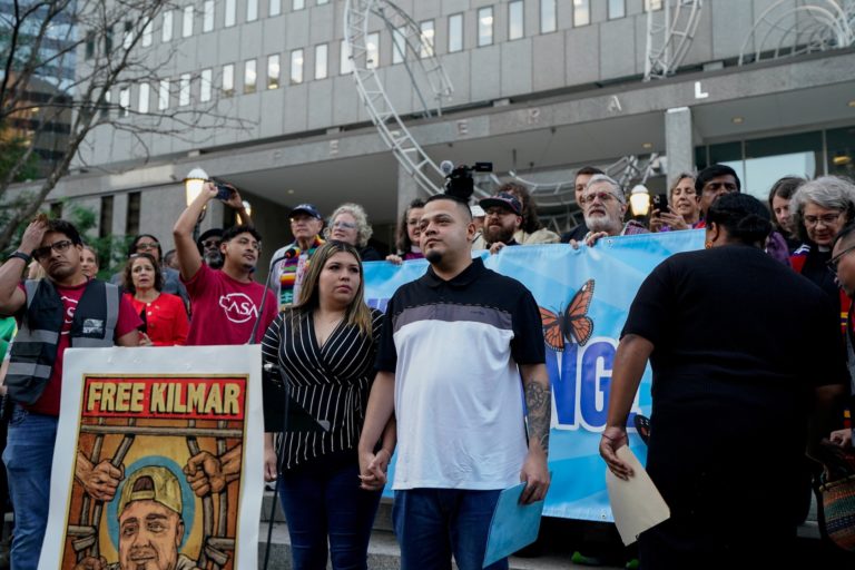 Wrongly deported migrant Abrego appears for a check in at the ICE Baltimore field office