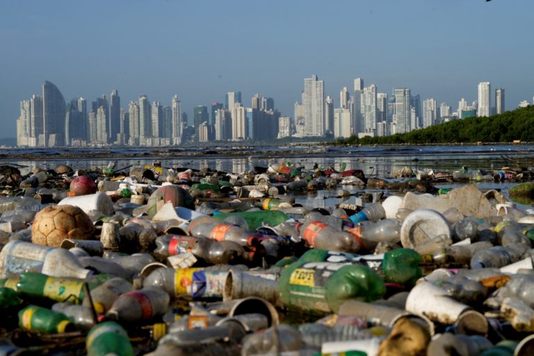 FILE PHOTO: Plastic contamination at Panama Bay, in Panama City