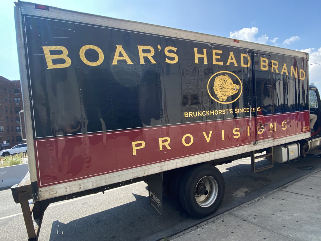 Boar's Head Brand deli meats delivery truck outside grocery store during recall due to Listeria outbreak, Queens, New York