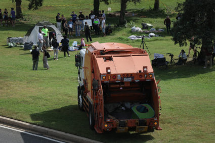 A homeless encampment near the Lincoln Memorial is cleared by employees of the Washington DC government August 14, 2025 in Washington, DC.