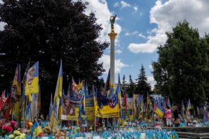 Makeshift memorial to fallen defenders of Ukraine at the Independence Square in Kyiv